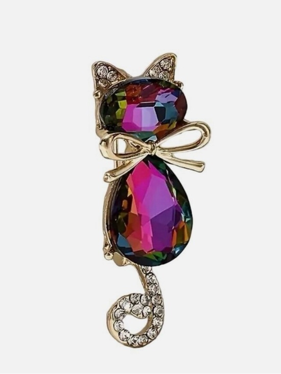 Jewelry - Cat Brooch Gold with Multicolor Crystal Stones